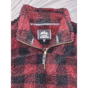 Alpine Sherpa Mens Large 1/4 Zip Pullover Red Black Plaid Fleece Sweater Shirt